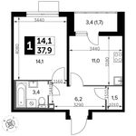 Планировка 1-комнатной квартиры, 37,9 м2