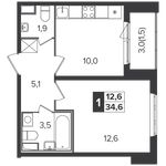 Планировка 1-комнатной квартиры, 34,4 м2