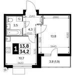 Планировка 1-комнатной квартиры, 34,2 м2