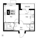 Планировка 1-комнатной квартиры, 38,5 м2