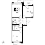 Планировка 2-комнатной квартиры, 60,7 м2