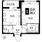 Планировка 1-комнатной квартиры, 38,1 м2