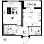 Планировка 1-комнатной квартиры, 38,4 м2