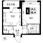 Планировка 1-комнатной квартиры, 38,4 м2