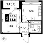 Планировка 1-комнатной квартиры, 33,8 м2