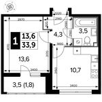 Планировка 1-комнатной квартиры, 33,9 м2