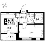 Планировка 1-комнатной квартиры, 42,2 м2