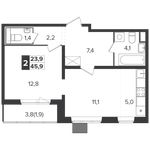 Планировка 2-комнатной квартиры, 45,7 м2