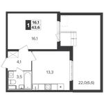 Планировка 1-комнатной квартиры, 43,2 м2