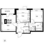 Планировка 2-комнатной квартиры, 53 м2
