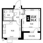Планировка 1-комнатной квартиры, 34,4 м2