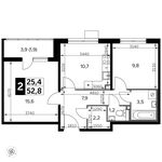 Планировка 2-комнатной квартиры, 52,8 м2