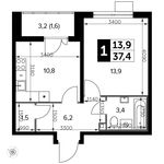 Планировка 1-комнатной квартиры, 37,4 м2
