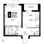 Планировка 1-комнатной квартиры, 37,5 м2