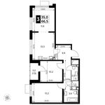 Планировка 3-комнатной квартиры, 66,5 м2