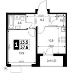 Планировка 1-комнатной квартиры, 37,8 м2