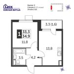 Планировка 1-комнатной квартиры, 34,9 м2