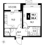 Планировка 1-комнатной квартиры, 38,4 м2