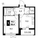 Планировка 1-комнатной квартиры, 38,4 м2