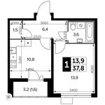 Планировка 1-комнатной квартиры, 37,8 м2