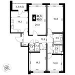 Планировка 4-комнатной квартиры, 99,5 м2