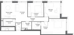 Планировка 4-комнатной квартиры, 77 м2
