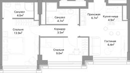 Планировка 3-комнатной квартиры, 53 м2