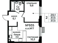 Планировка 2-комнатной квартиры, 37,5 м2
