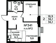 Планировка 2-комнатной квартиры, 36,1 м2