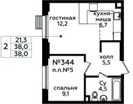 Планировка 2-комнатной квартиры, 38 м2