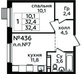 Планировка 1-комнатной квартиры, 32,4 м2