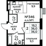 Планировка 2-комнатной квартиры, 36 м2