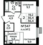 Планировка 2-комнатной квартиры, 36,4 м2