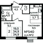 Планировка 2-комнатной квартиры, 34,9 м2