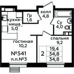 Планировка 2-комнатной квартиры, 34,8 м2