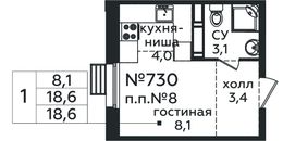 Планировка квартиры студии, 18,6 м2