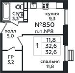 Планировка 1-комнатной квартиры, 32,6 м2