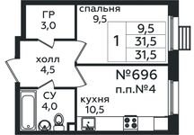 Планировка 1-комнатной квартиры, 31,5 м2
