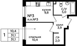 Планировка 1-комнатной квартиры, 31,1 м2