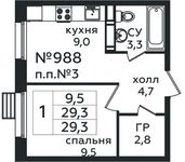 Планировка 1-комнатной квартиры, 29,3 м2