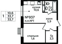 Планировка 1-комнатной квартиры, 33,7 м2