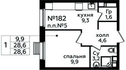 Планировка 1-комнатной квартиры, 28,6 м2