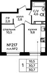 Планировка 1-комнатной квартиры, 30,7 м2