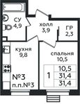 Планировка 1-комнатной квартиры, 31,4 м2