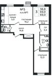 Планировка 3-комнатной квартиры, 69 м2