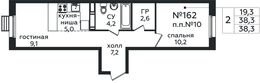 Планировка 2-комнатной квартиры, 38,3 м2