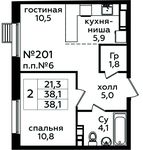 Планировка 2-комнатной квартиры, 38,1 м2