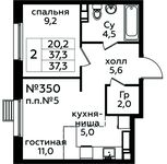 Планировка 2-комнатной квартиры, 37,3 м2