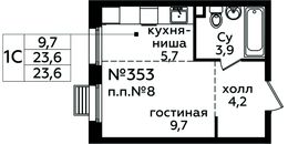 Планировка квартиры студии, 23,5 м2