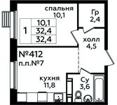 Планировка 1-комнатной квартиры, 32,4 м2